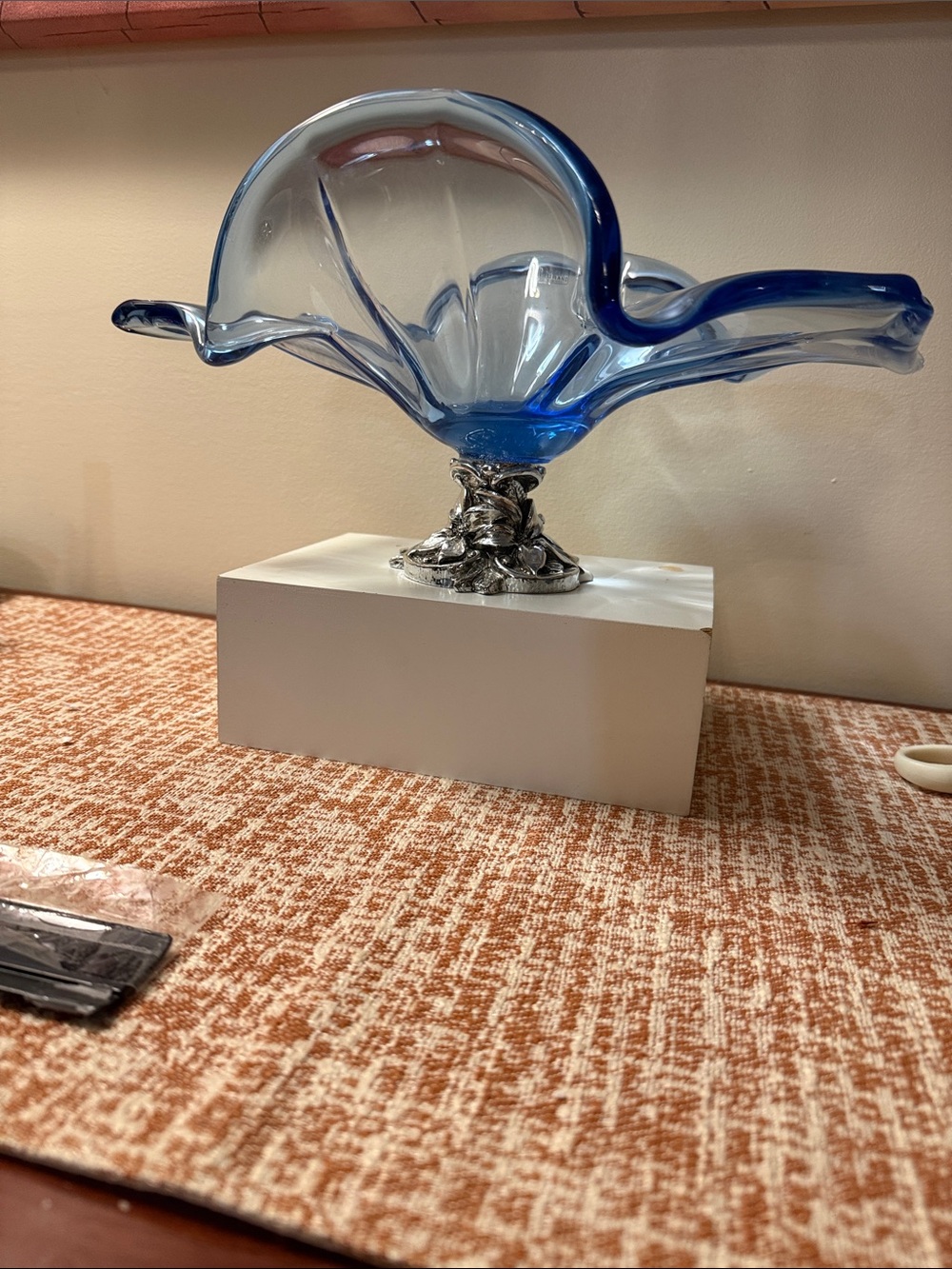 Hand-Blown Blue Glass Art Bowl with Silver Accent